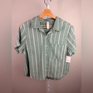 Auden Women’s Sleep Top Green White Stripe Button Front Size S NWT